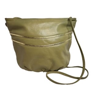 Vintage small green+gold crossbody bucket bag, zipper closure velvety interior.